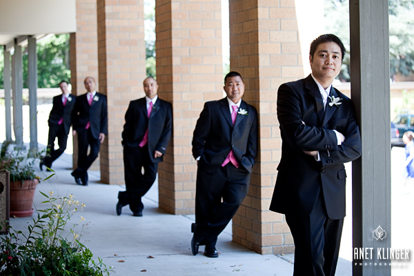 5 handsome Asian groomsmen at Seattle cross-cultural or inter racial wedding